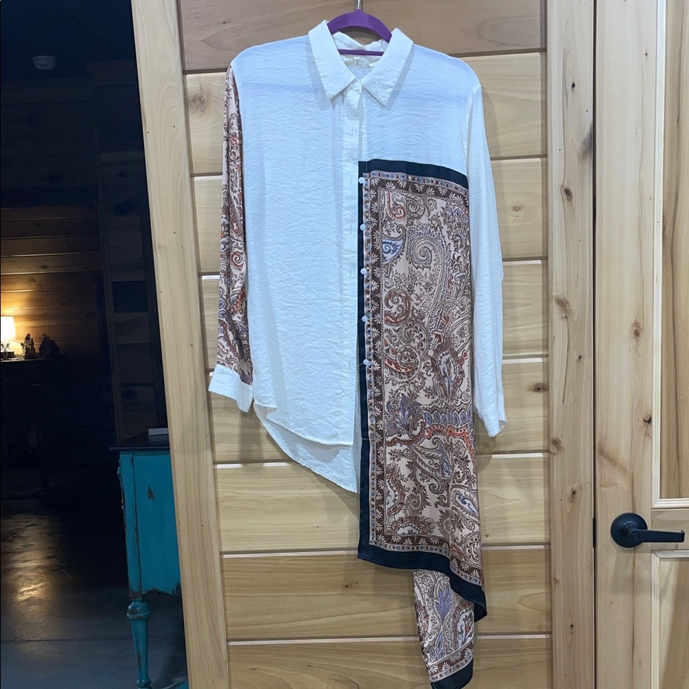 Mystree Cream and Brown Paisley Button Down Shirt